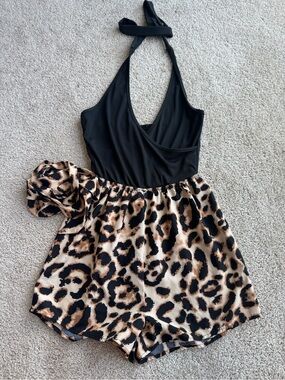 Black Halter Romper with Leopard Print Shorts